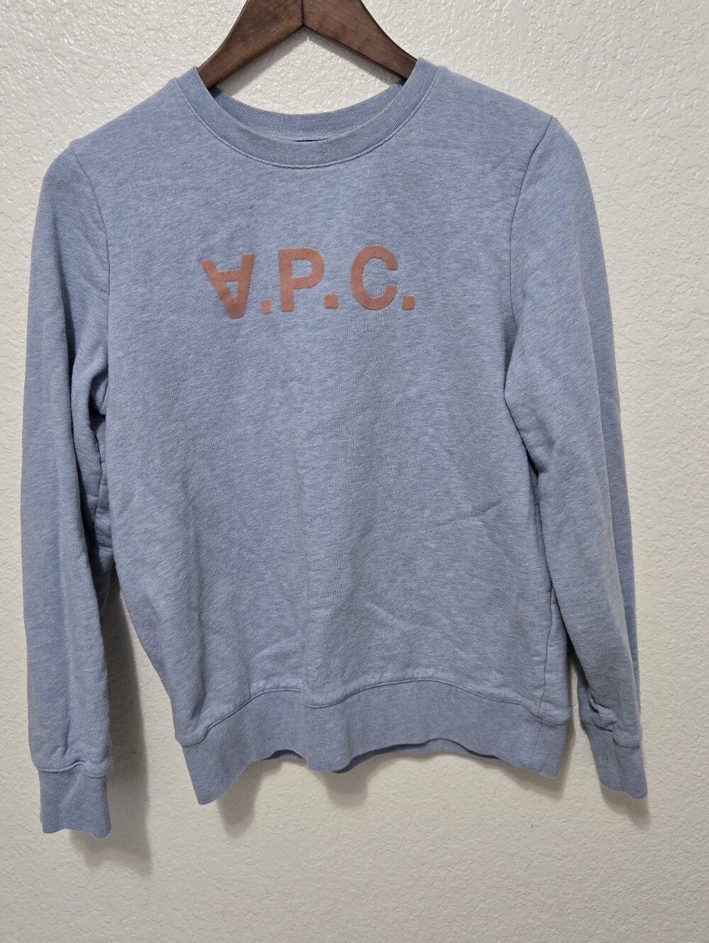 A.P.C crewneck sweatshirt light blue long sleeve  logo flocked graphic